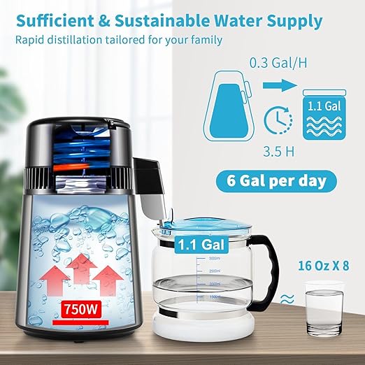 1.1 Gal Distilled Water Maker with 0-99H Timer, 750W Countertop Machine for Pure Water, Alcohol & Essential Oils, Includes Glass Carafe & Cleaning Kit