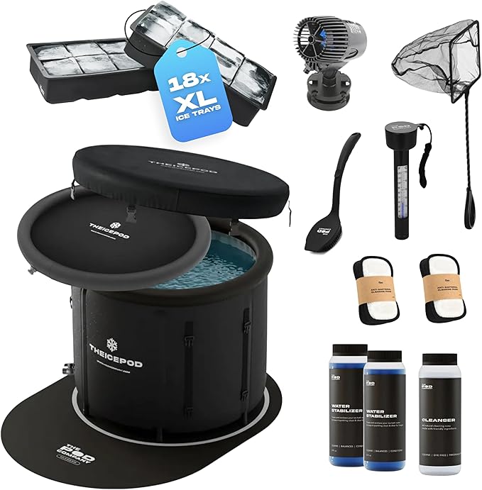 The Pod Company Standard Ice Pod Complete Cold Plunge Bundle – 84-Gallon Portable Ice Bath with 36 XL Ice Trays, Insulated Lid & Cover, Water Jet, Maintenance & Cleaning Kit, Thermometer & Floor Mat