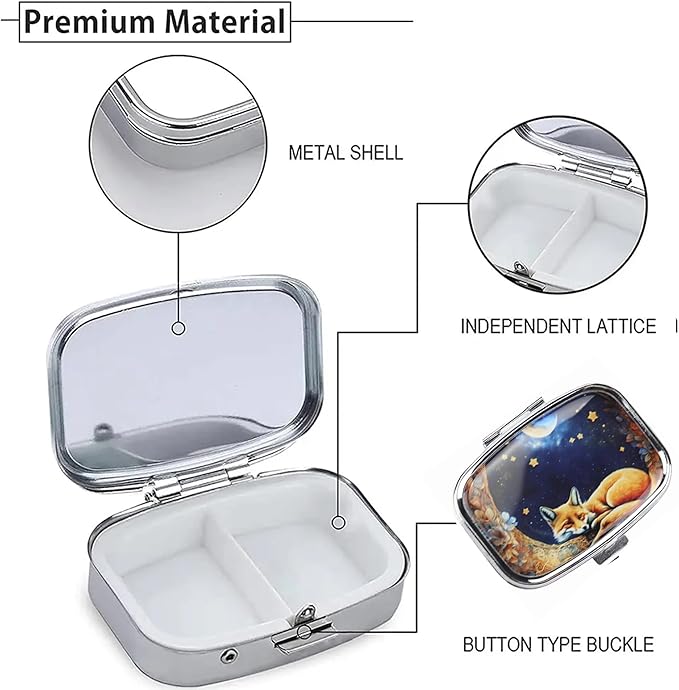 WATASSA Pill Box with Animal Style Mirror All-in-One 2-Compartment Portable Medicine Organizer, Marble Pattern Travel Pill Case for Vitamins&Daily Medication(Fits Pocket/Purse) (Yellow Fox)