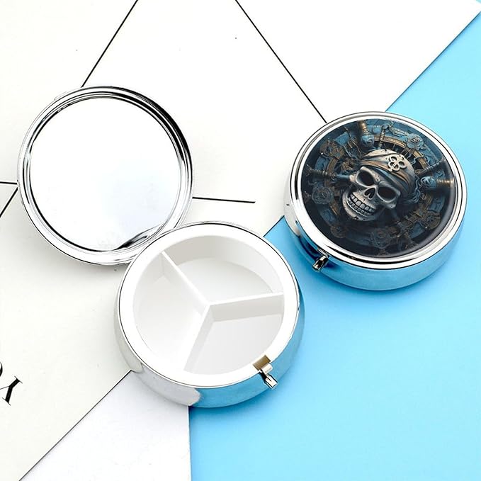 Skeleton Pirate-1 Pill Box Travel Pill Case for Purse Pocket Weekly Medicine Organizer with Mirror 3 Compartment Round Medicine Case Portable PillcaseHolder for Daily