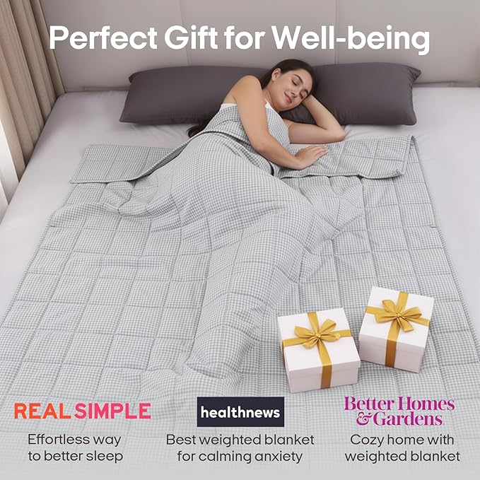 ZonLi Weighted Blanket(48"x72",15lbs, Grey and White Checkered) Twin Size Weighted Blanket for Adults, High Breathability Heavy Blanket,Soft Material with Premium Glass Beads