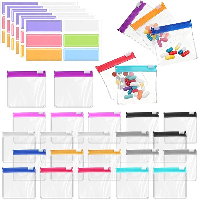 27 Pcs Pill Pouch Bags Small Reusable Zippered Pill Case Travel Medicine Storage Organizer Portable Self Sealing Compact Packets with Slide Lock Sticker for Qtips Items