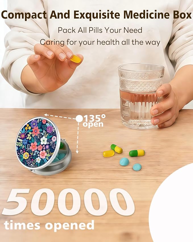 LRITER Pill Case, Portable Travel Pill Box, Pillbox Organizer, Cute Small Medicine Storage Container, Purse Accessories for Women, Men (Pill Case-Flower)