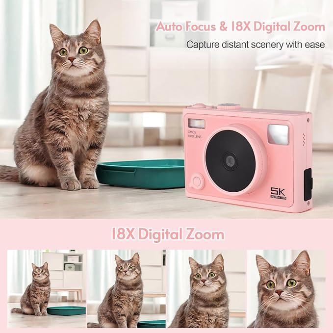 Andoer 5K Digital Camera WiFi Pink Compact Camera 72MP Dual Lens 2.8 Inch IPS Screen Auto Focus 18X Digital Zoom LED Flash Color Filters Birthday Festival Gift for Students Teenagers Friends