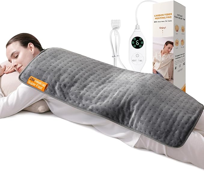 Super-Fast Heat Up Carbon Fiber Heating Pad: Back/Neck/Shoulder/Period Cramps Pain Relief, Muscle Relief, Deeper Relax, Moist/Dry Heat, Auto-Off, Machine Washable(Grey, 17" x 33")