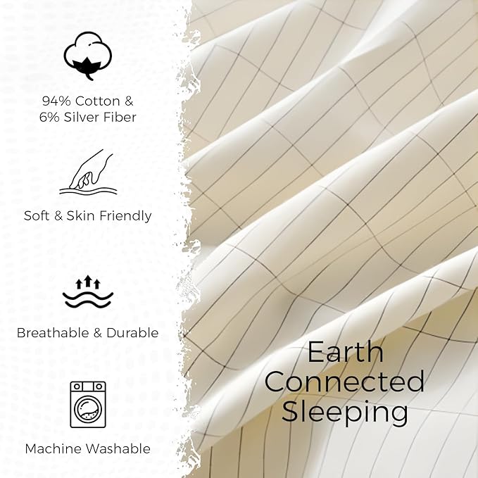 CISSIYOG Grounding Fitted Sheets, Earthing Bed Sheets, 95% Organic Cotton + 5% Pure Silver Fiber, Grounded Sheets with Grounding Cord, Conductive Grounding Cover for Better Sleep (Beige, Twin XL)