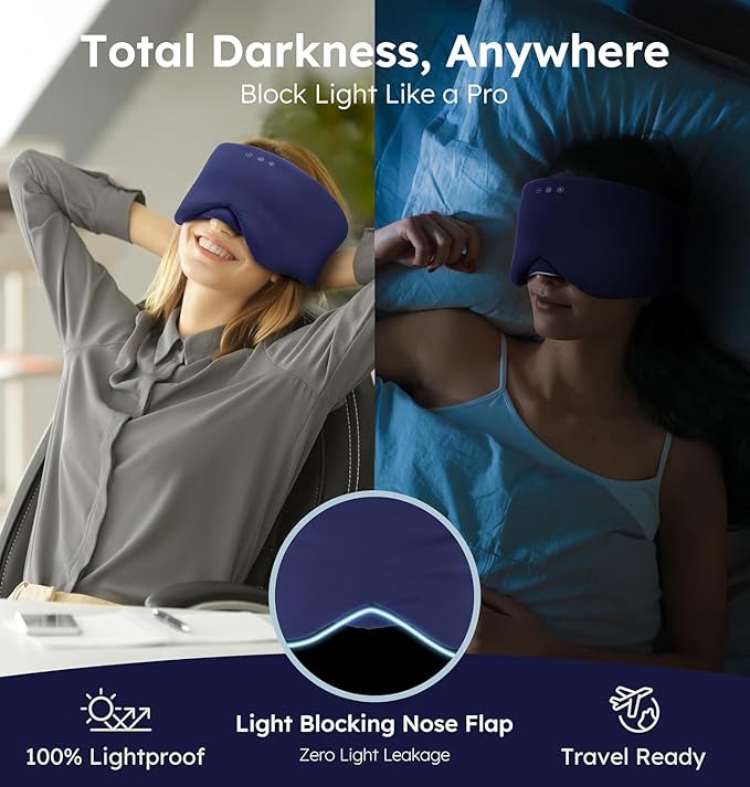 Luxury Bluetooth 5.4 Sleep Mask for Adults - Ice Fiber Cooling & HD Sound, 100% Light Blocking Adjustable Eye Cover for Travel & Side Sleepers - Soft Sleep Headphones with 10H Playtime (Blue)