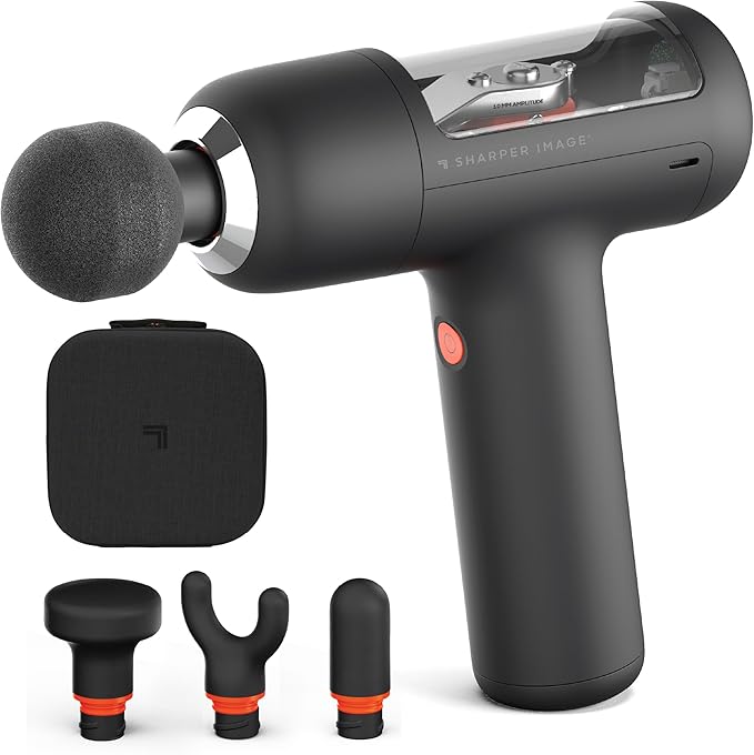 Sharper Image PowerBoost Circuit Massage Gun| Upgraded Deep Tissue Percussion Massager with 6 Speeds| 4 Attachments| Quiet Brushless Motor| Cordless Muscle Recovery Tool with Carry Case