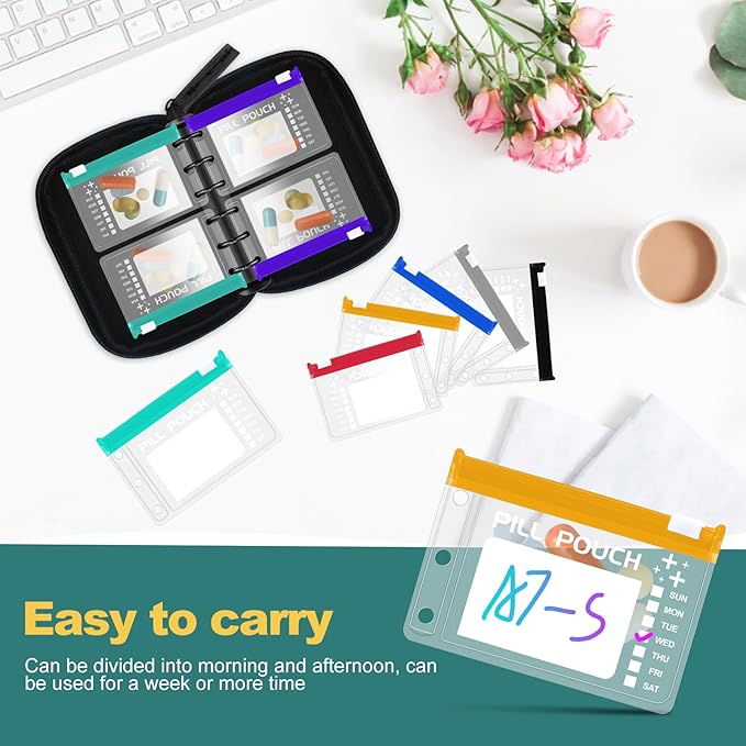 A7 Waterproof Pill Organizer with 14 S Zippered Pill Pouches for A7 Binder, Small BPA-Free Weekly Medicine Organizer, Color-Coded Reusable Travel Pill Storage System