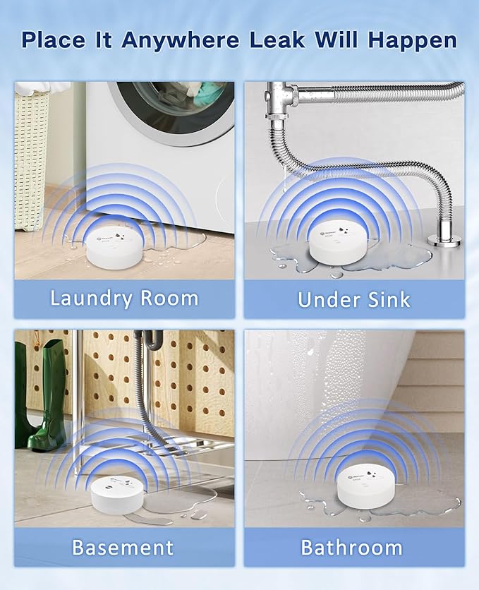 Geevon 2 Pack Water Leak Detectors, 100dB Water Sensor Alarms Flood Detector for Basements, Bathrooms, Laundry Rooms, Kitchens, Garages, and Attics, Water Alarms Battery-Operated (Battery Included)