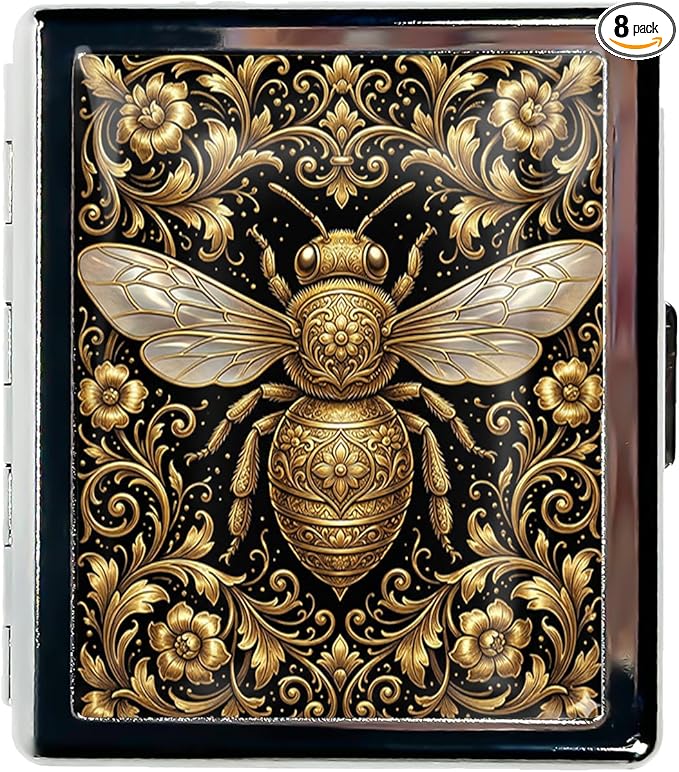 Metal 7 Day Pill Organizer, Cute Small Weekly Pill Case with 8 Compartments for Travel, Moisture-Proof Medicine Holder for Purse, Compact Daily Vitamin Box (Golden Bee Baroque)