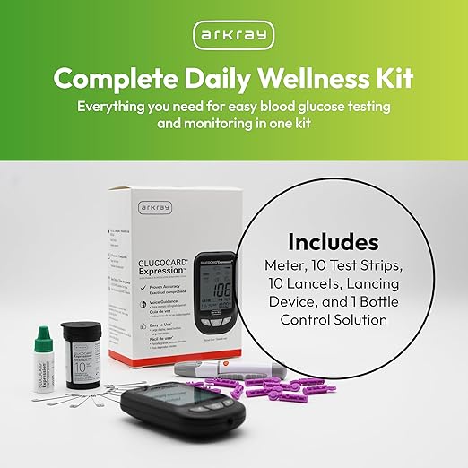 ARKRAY GLUCOCARD Expression Blood Glucose Monitor Kit – Audio-Enabled, Auto-Code Blood Glucose Monitoring System - Includes 10 Test Strips, 10 Lancets, 1 Lancing Device & 1 Bottle Control Solution
