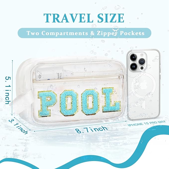 COSHAYSOO Clear POOL Makeup Bag Small Travel Pouch for Women Teenager Girls Pool Accessories Stuff Organizer Preppy Chenille Letter Patch Summer Girly Things