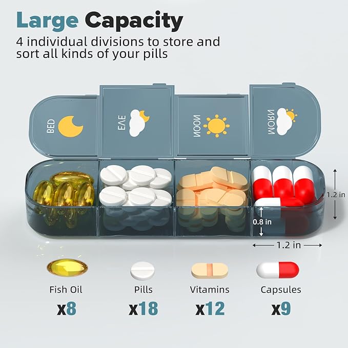 Pill Organizer 7 Day, Weekly Pill Box, Pill Case Large 28 Compartment, Portable Daily Medicine Container (Blue) (Blue, Large)