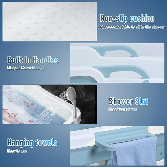 51" Portable Bathtub for Adult,Foldable Tub with Handle,Ergonomic Headrest,Soaking Tub,No Lid,Large Collapsible Bathtub for Shower Ice Bath,Hot Bath,Home Sauna, Sweat Steaming (Blue, 130 cm)