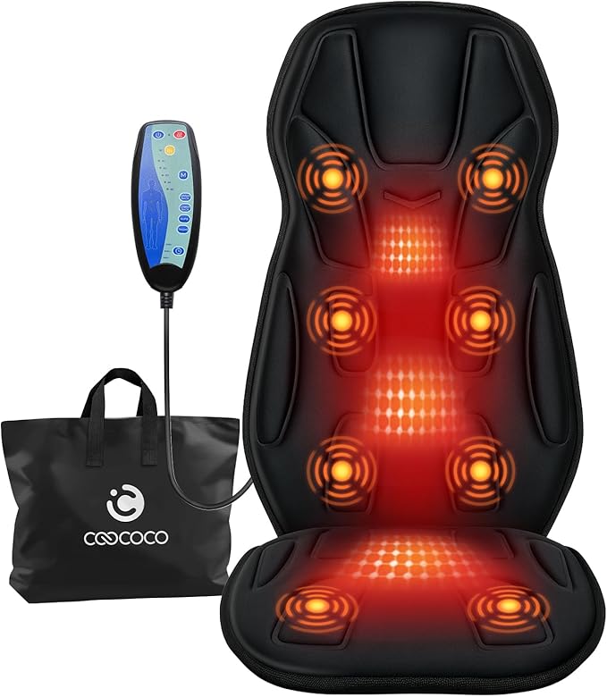 CooCoCo 8 Motors Massage Seat Cushion, Upgraded 2X Larger Heating Back Massager with Heat, 5 Modes & Auto Off Back Massage Chair Pad for Home Office Use, for Women Men Dad Mom