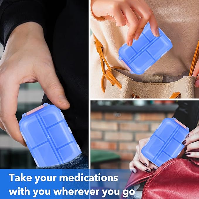 Travel Pill Organizer with Medicine Labels, 10 Compartments Travel Pill Box Medicine Organizer Purse Pill Case Daily Pill Container (Blue, 189 Lables)