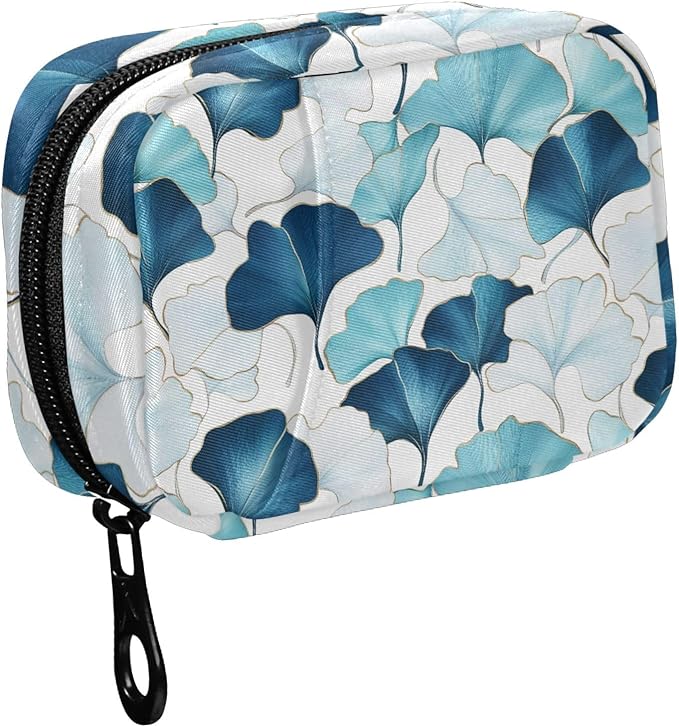 Fustylead Elegant Ink Ginkgo Leaves with Gold Line Pill Organizer for Purse, Weekly Portable Pill Box with Zipper to Storage Vitamins Fish Oils Medications Supplements