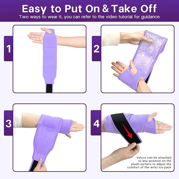 Wrist Ice Pack Wrap for Carpal Tunnel Relief, Gel Ice Packs for Injuries Reusable for Wrist Hand Foot Ankle Knee Leg Pain, Hot Cold Compress Therapy Bandage Surgery Recovery Gifts Men Women (Purple)