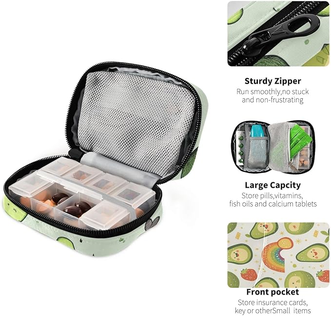 Avocados Rainbows White Cute Pill Organizer Weekly Travel Pill Box 7 Day Large Capacity Pill Dispenser Case with 8 Pill Container Daily Pill Box Organizer Vitamin Holder Pill Bot