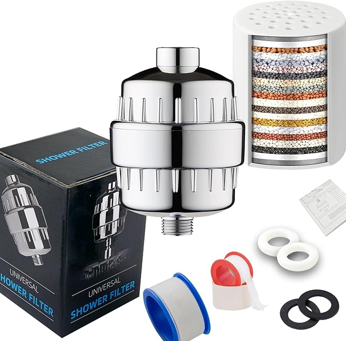 UVB 20-Stage High Pressure Shower Head Filter For Hard Water – To Reduce Chlorine, Fluoride & Heavy Metals – Universal Filtered Shower Head For Softer Skin & Healthier Hair (Filter with 1 Cartridge)