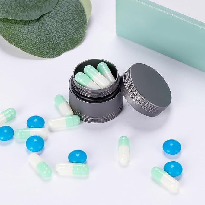 Small Pill Case Metal Pill Box - Waterproof Pill Container Single Round Aluminum Alloy Storage Medicine Holder Organizer Multitool EDC Every Day for Vitamin, Fish Oil Gray