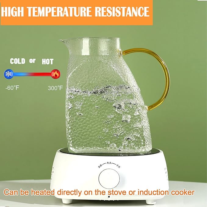 Water Pitcher, Fridge Door Glass Pitcher With Stainless Steel Lid, 1.8 Liter 60 oz High Borosilicate Glass Jug, Leakproof Fridge Door Carafe Jug for Hot/Cold Water Iced Tea Juice Coffee Beverage