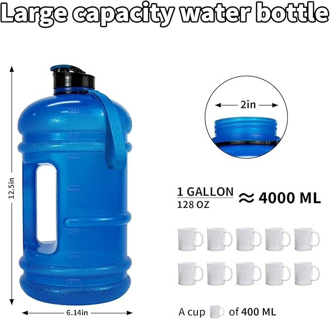 TOOFEEL 1 Gallon Water Bottle,Leakproof,Bpa Free,Dishwasher Safe,128 oz Large Water Jug wiht Handle,Travel & Camping & Sports & Gym Water Bottle For Men and Women - Transparent Dark Blue