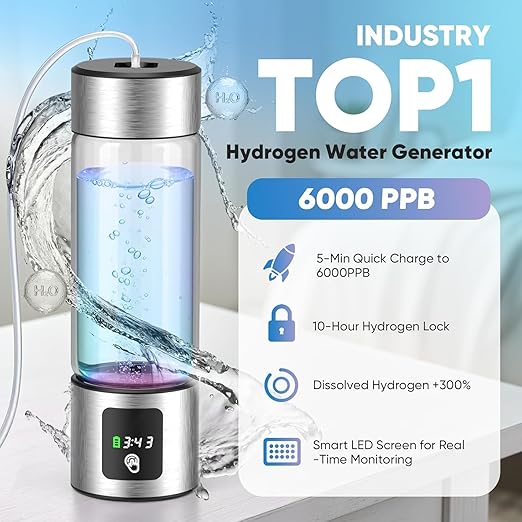 Hydrogen Water Bottle Generator, Up to 6000 PPB SPE-PEM – 460ml Borosilicate Glass, Leak-Proof, LED Display, USB Rechargeable, with Inhalation Tube – Portable Hydro Water Maker for Home, Gym & Travel