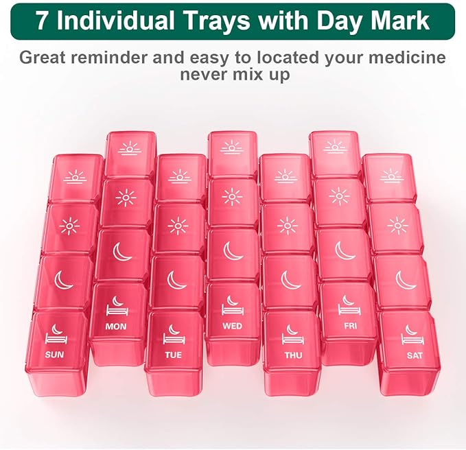 XL Pill Organizer 4 Times a Day, BUG HULL Extra Large Weekly Pill Box Case, 7 Day Vitamin Container Daily Pill Holder for Cod-Liver Oil, Vitamins, Supplements