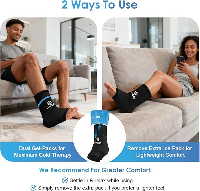 ComfiTECH Dual-Gel Ankle Ice Pack Wrap with Extended 30-Minute Cooling, Detachable Ice Pack & Flexible Reusable Gel Ice Sleeve Brace for Plantar Fasciitis, Achilles Tendonitis, Sore Feet & Heel, Small