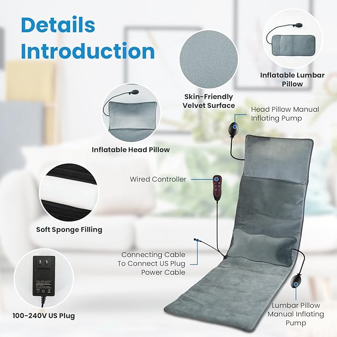 Full Body Massage Mat with Heat, Electric Heating Pad Massage Mat with Inflatable Head Pillow Lumbar Pillow, Massage Chair Pad with 10 Vibrating Motors, 9 Massage Modes and 3 Heating Settings