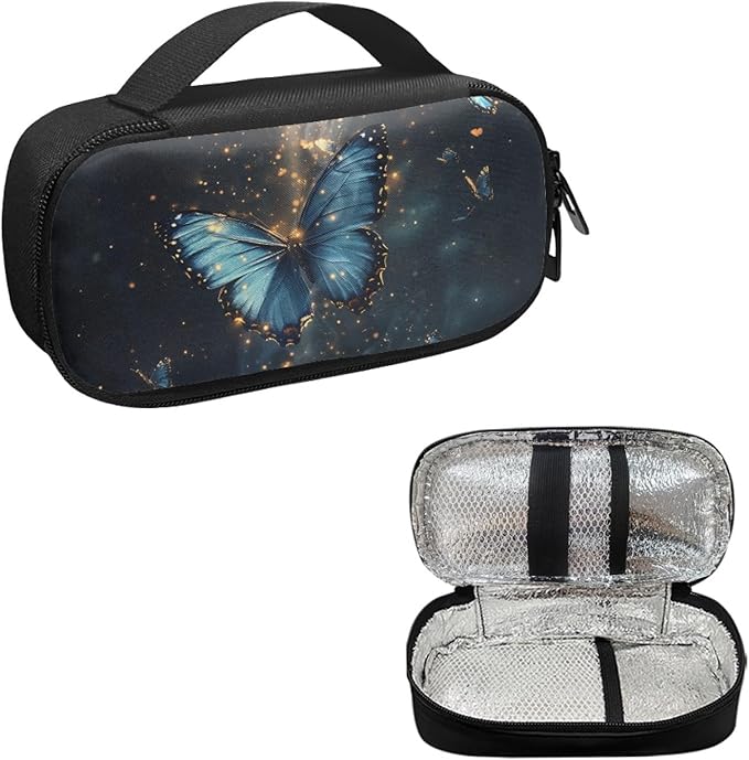 Blue Butterfly Insulin Cooler Travel Case with Side Handle Diabetic Insulated Organizer Portable Cooling Bag for Insulin Pen and Medication Diabetic Supplies