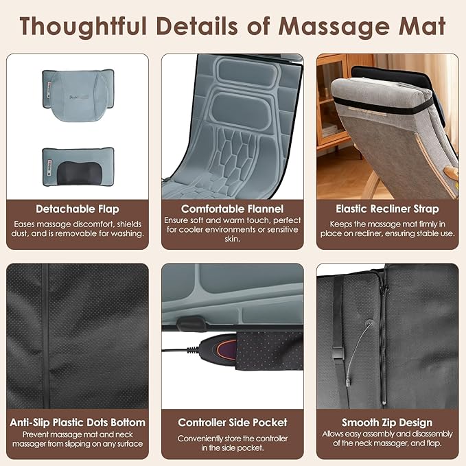 Full Body Massage Mat with Heating, Detachable Shiatsu Neck Massager, Vibration Massage Mats with Lumbar Pillow, 9 Vibration 3 Timer Settings, Gift for Men Women Parents Christmas