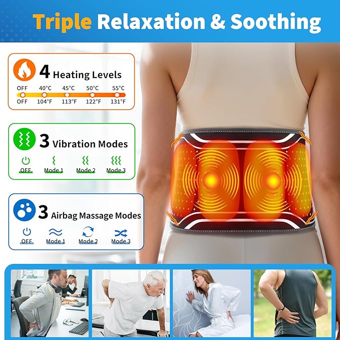 YUANBO Back Massager with Heat – Heated Massage Belt with Air Pressure Pads, Heating Pad for Back Pain Relief with 4000mAh Battery – Gifts for Women, Men, and Family