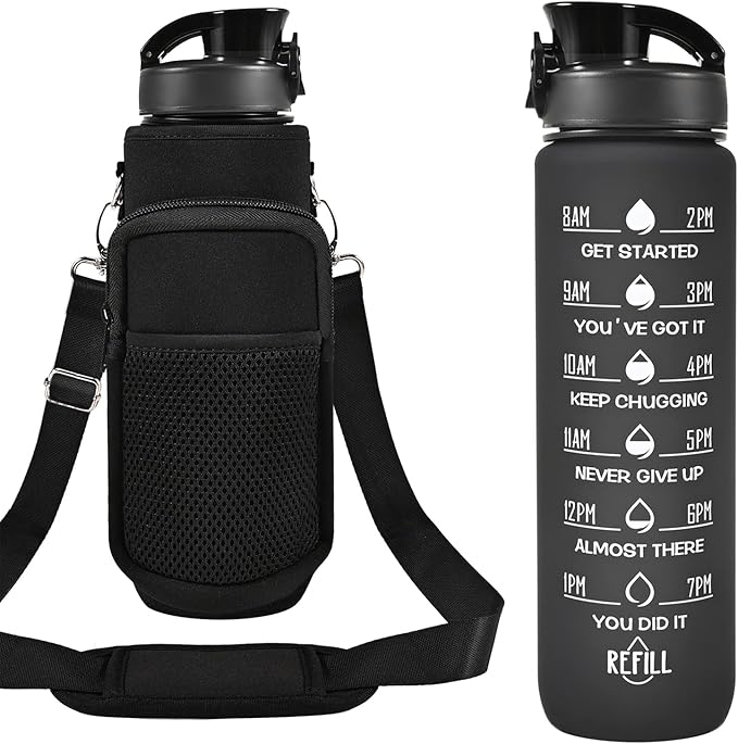 32 oz Water Bottles with Straw & Strap, Motivational Water Bottles with Times to Drink, BPA Free Reusable Sports Water Bottle with Sleeve Carrier for Hiking, Travel, Running or Fitness