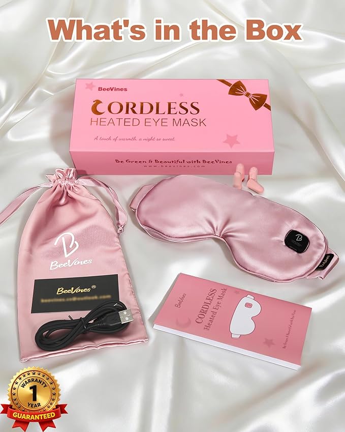 BeeVines Cordless Heated Eye Mask for Dry Eyes, Washable Heat Eye Masks for Blepharitis, Warm Eye Compress for Men & Women, 1500mAh Rechargeable Eye Warmer with Travel Pouch(Pink)