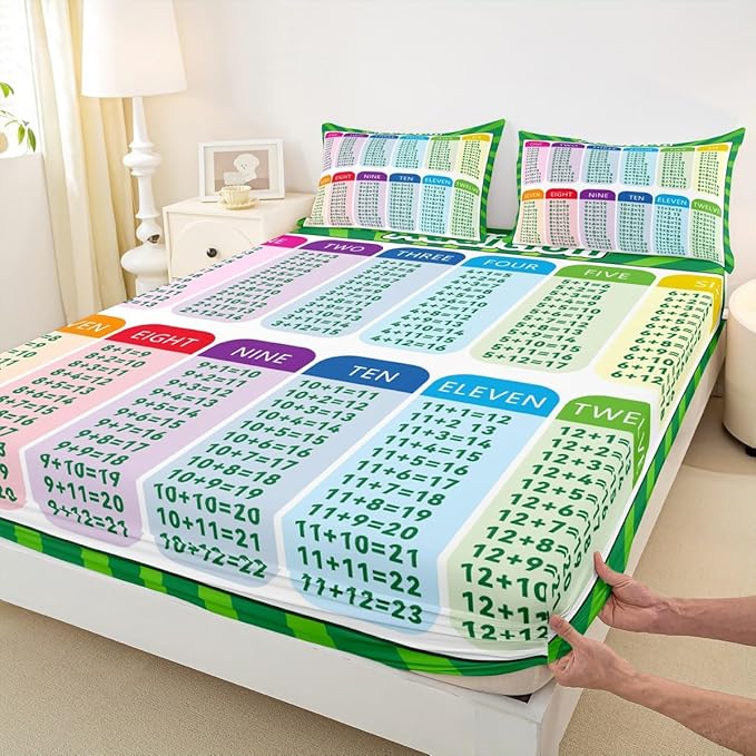 Feelyou Kids Educational Bed Sheet Set Twin Size, Addition Bedding Set Math Learning Fitted Sheet Boys Girls Kindergarten Teens Bedroom Decor Lightweight Bed Set (No Flat Sheet)