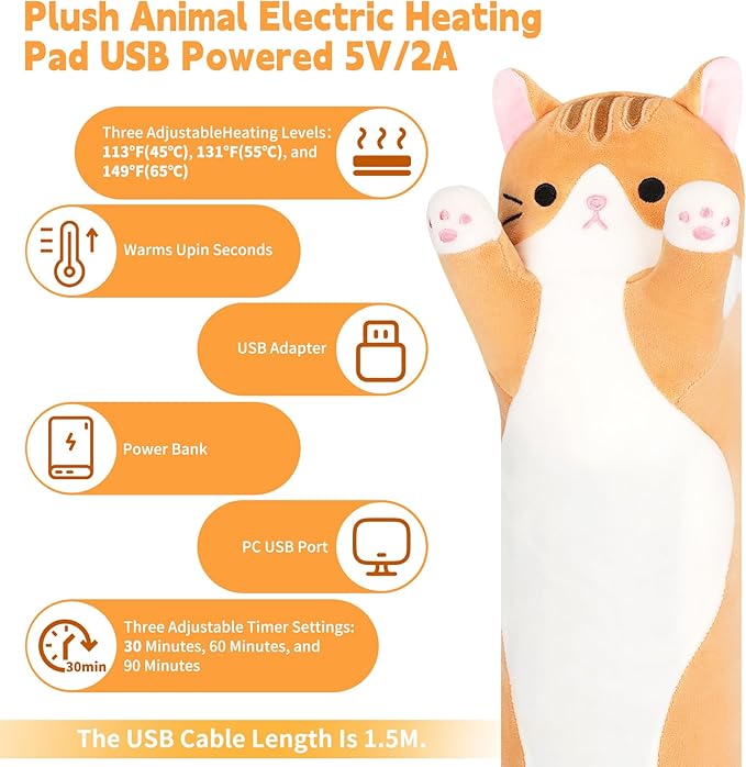 Cat Heating Pad-USB Heated Plush Stuffed Animals for Period Cramps and Menstrual Pain Relief,22” Portable Electric Kitten Heating Pads,Soft Built-Pocket Plush Women Girls Birthday,Orange