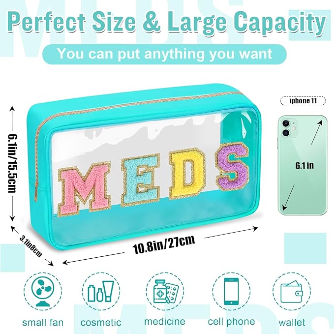 Chenille Letter Bag, Preppy Cute Small Medicine Pouch, Green Nylon Waterproof Portable Zipper Pouch, MEDS Storage Organizer for Patient Nurse