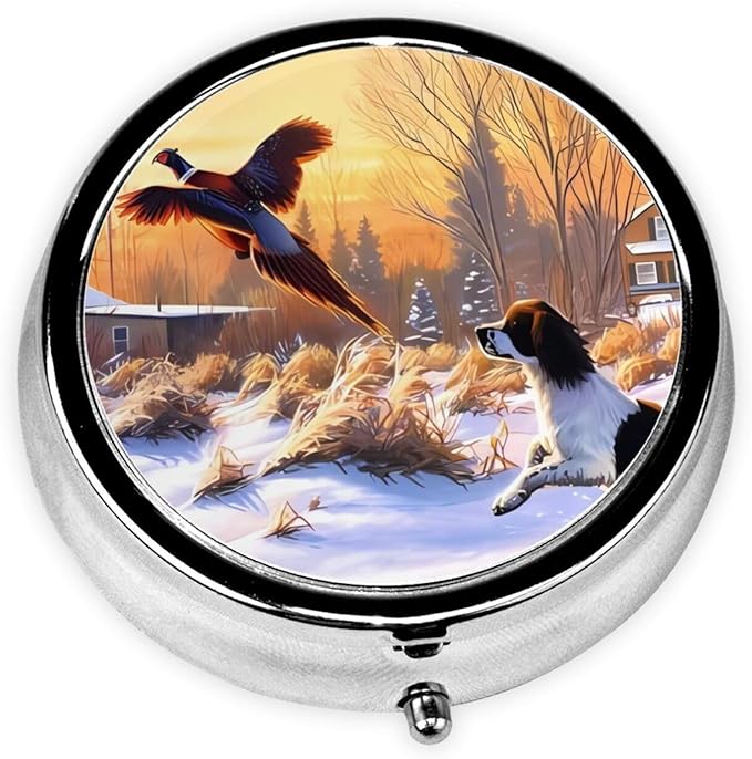 Dog Catching Pheasant Printed Round Travel Pill Box Cute Small Metal Pocket Pill Case for Men & Women 3 Compartment Portable Pill Organizer for Purse or Pocket
