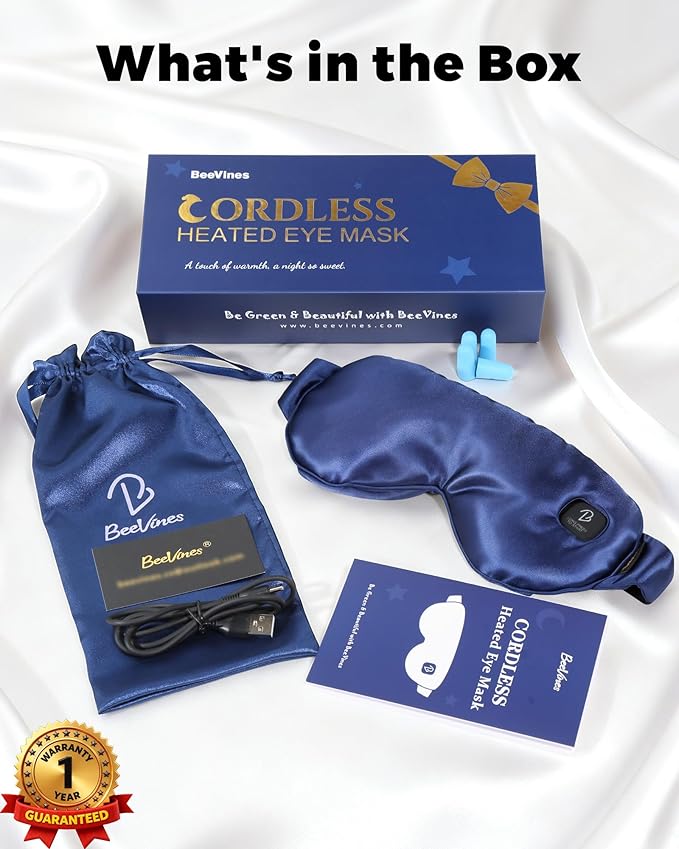 BeeVines Cordless Heated Eye Mask for Dry Eyes, Washable Heat Eye Masks for Blepharitis, Warm Eye Compress for Men & Women, 1500mAh Rechargeable Eye Warmer with Travel Pouch(Blue)