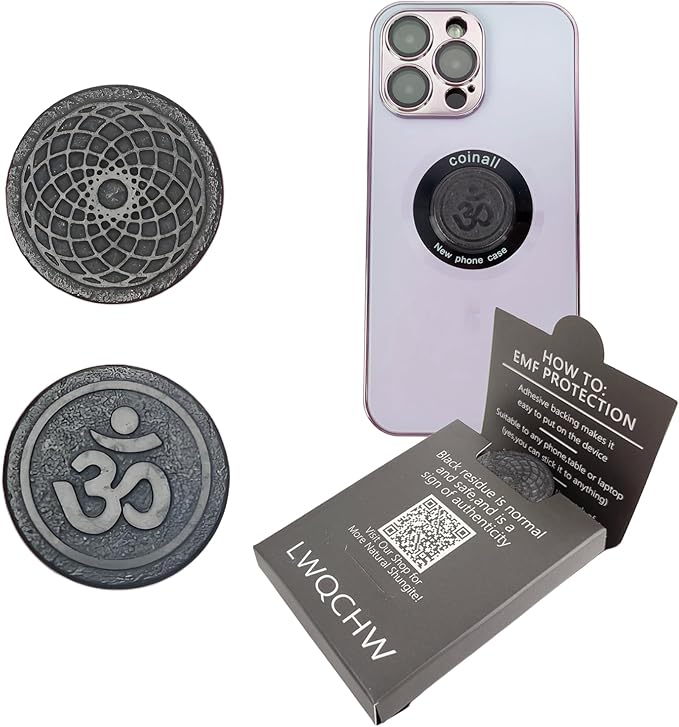 Gadget Protection Shungite Stickers for Cell Phone 2 pcs | Round Sticker Plates for Bad Vibes Blocking | Polished Shungite Stone Plates (Kaleidoscope & Aum)