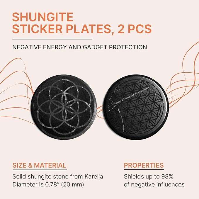 Gadget Protection Shungite Stickers Blocker for Cell Phone 2 pcs Flower of Life & Seed of Life Engraved | Round Sticker Plates for Bad Vibes Blocking | Polished Shungite Stone Plates S576