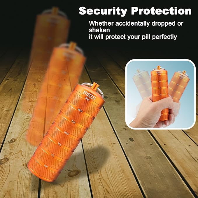 Weekly Metal Pill Organizer for Outdoor Travel, Aluminum, Waterproof, That is Shockproof and Has Large Compartments for Storing Vitamins, Fish Oil, Emergency Pills (Orange)