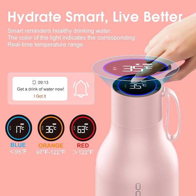 VSITOO 33oz Smart Self-Cleaning Water Bottle，Large Insulated Stainless Steel Bottle with AI Self-Clean, 30-Day Battery & Magnetic Charging for Outdoor Travel, Gym or Office, Pink