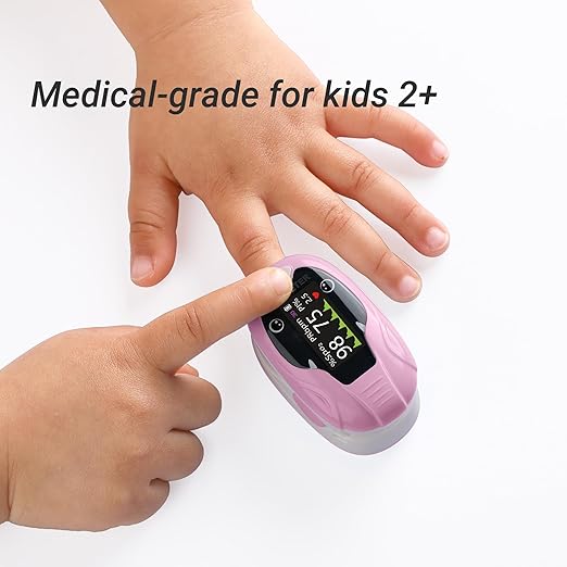 Kids Fingertip Pulse Oximeter for Children Age 2+, Blood Oxygen Saturation Monitor SpO2 & Pulse Rate, Fast Reading with Memory Function, Adjustable Brightness, Batteries Included, Pink