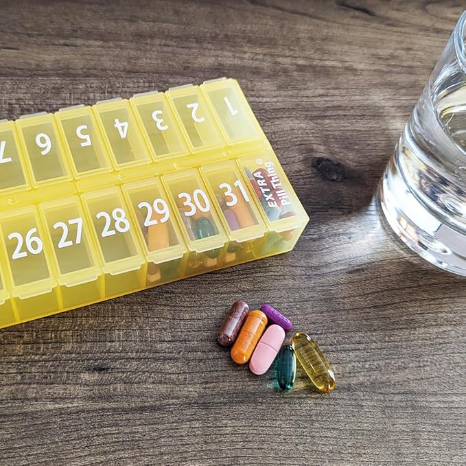 Once-a Day Monthly Pill Organizer Removable Lid for Easy Loading - Large Compartment Pill Box Medications for Entire Month Plus a Compartment for Extra Pills BPA Free