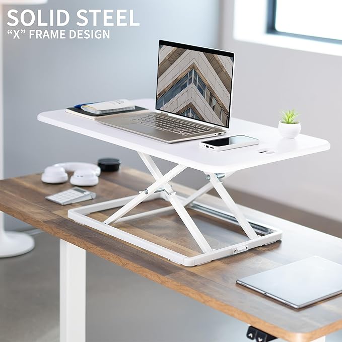 VIVO Ultra-Slim 32 Inch Single Top Height Adjustable Standing Desk Riser, Compact Sit Stand Desktop Converter for Monitor or Laptop, White, DESK-V032JW