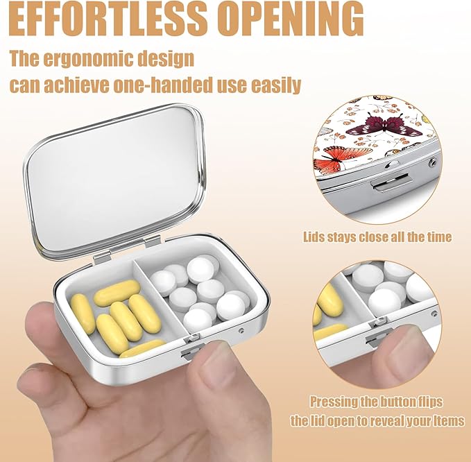 Pill Box-2 Compartment Small Pill Case Square Organizer Case with Mirror Portable Metal Medicine Box Travel Container for Pocket & Purse Women Men（Butterfly）